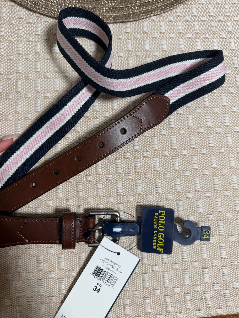Polo Golf Ralph Lauren Men’s Brown Leather & Navy/Pink Stripe Web Belt - 34